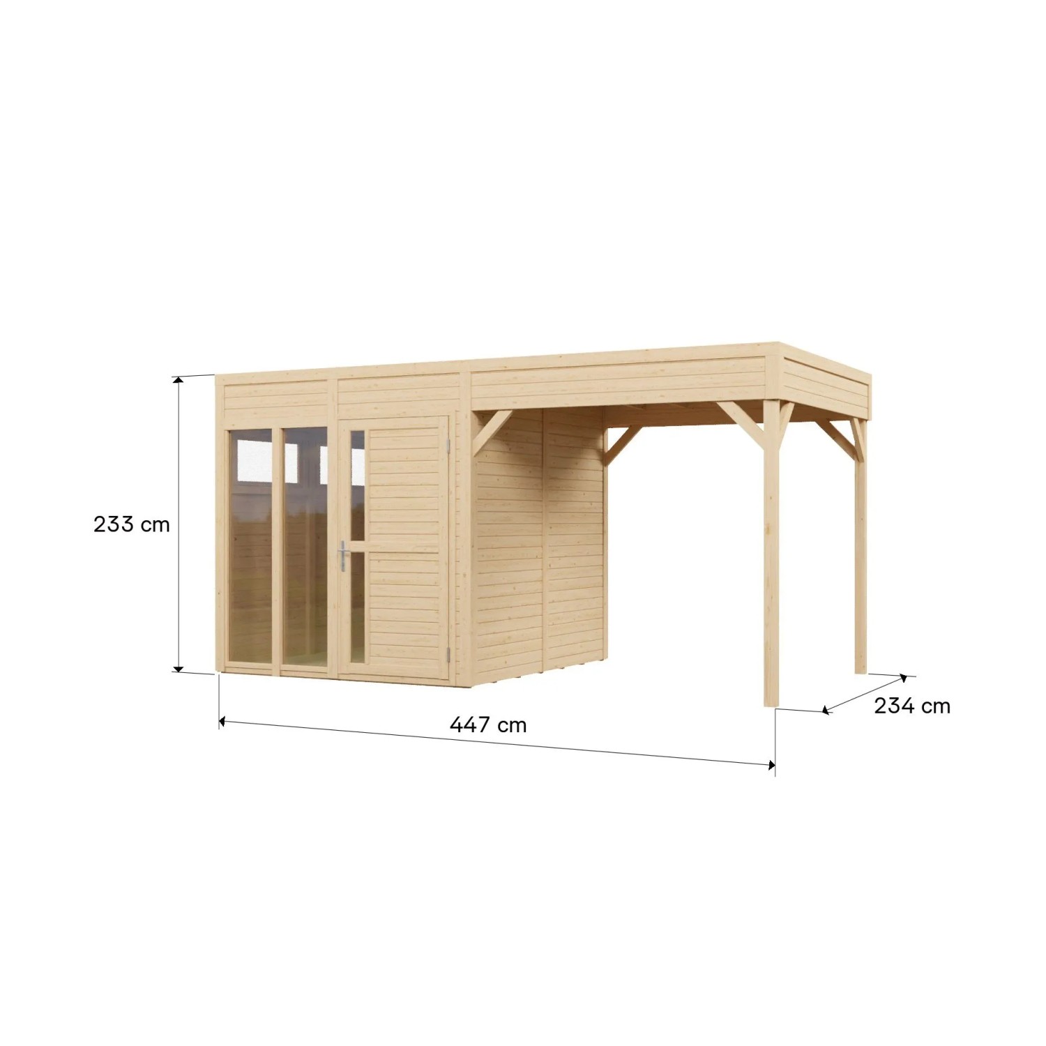 Bertilo Elementgartenhaus Cubus 2 Office Lounge Natur, 447x234 cm, mit Fenster und Überdachung.