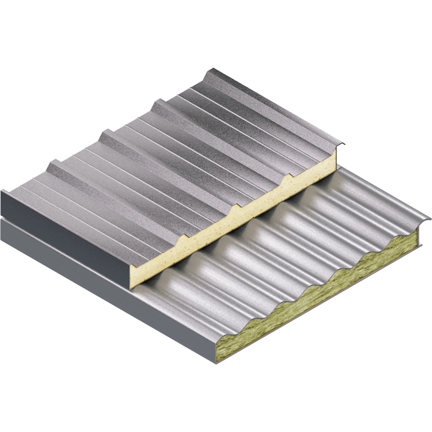 Silberne Sandwichplatten mit Dämmung für Dach und Wand.