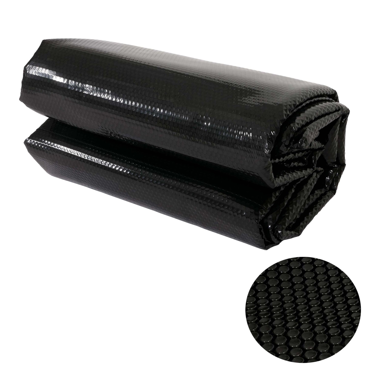 Gerollte, schwarze MCW Pool-Abdeckung 400µm, rund, 4,57m. Solarplane zum Schutz vor Verschmutzung und Wärmeverlust.