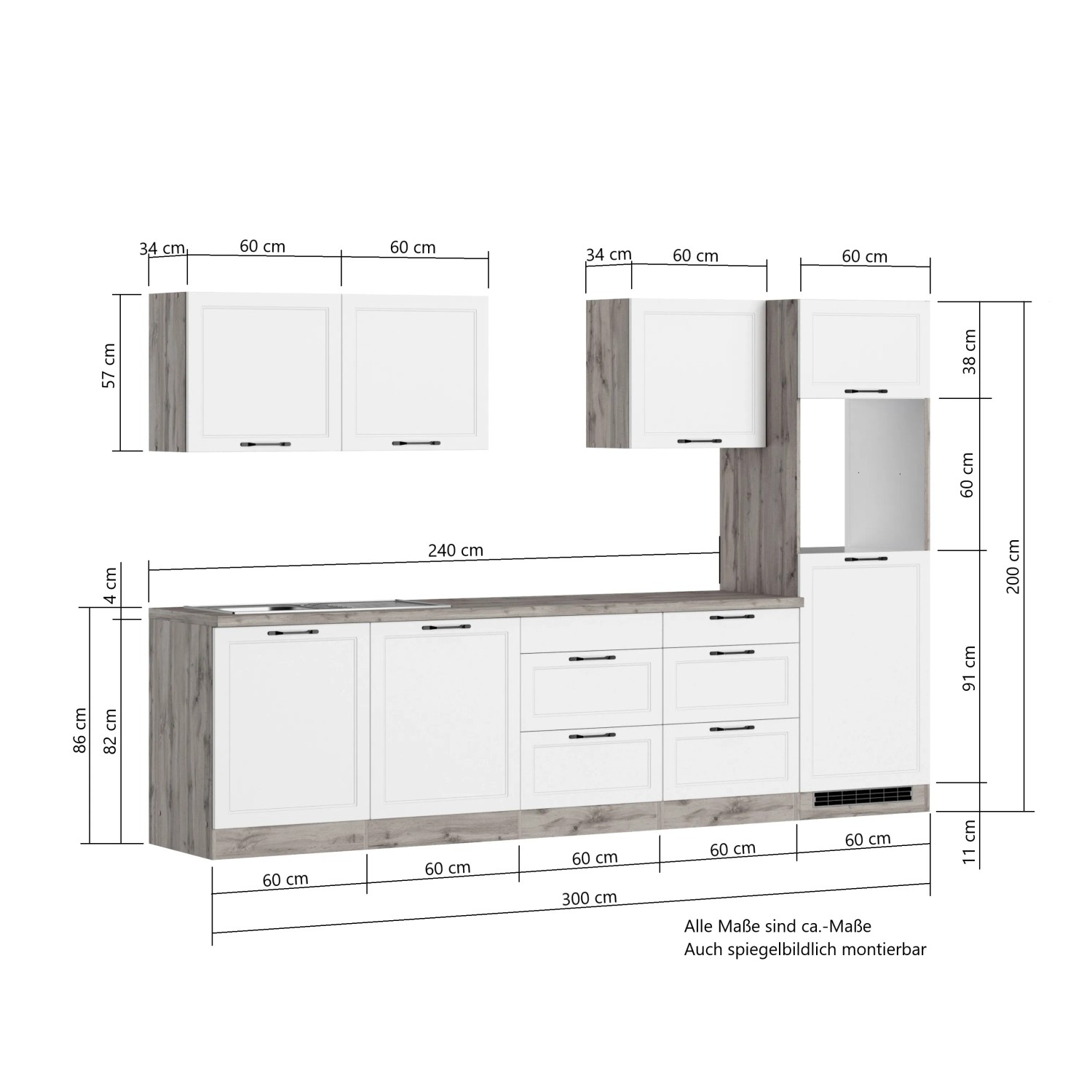 Küchenzeile Kempten 300 cm in Weiß/Wotan Optik, ohne E-Geräte. Einbauküche mit Hänge- und Unterschränken.