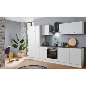 Moderne Menke Küchenzeile White Classic 310 cm in Weiß mit Marmor-Arbeitsplatte und Elektrogeräten.