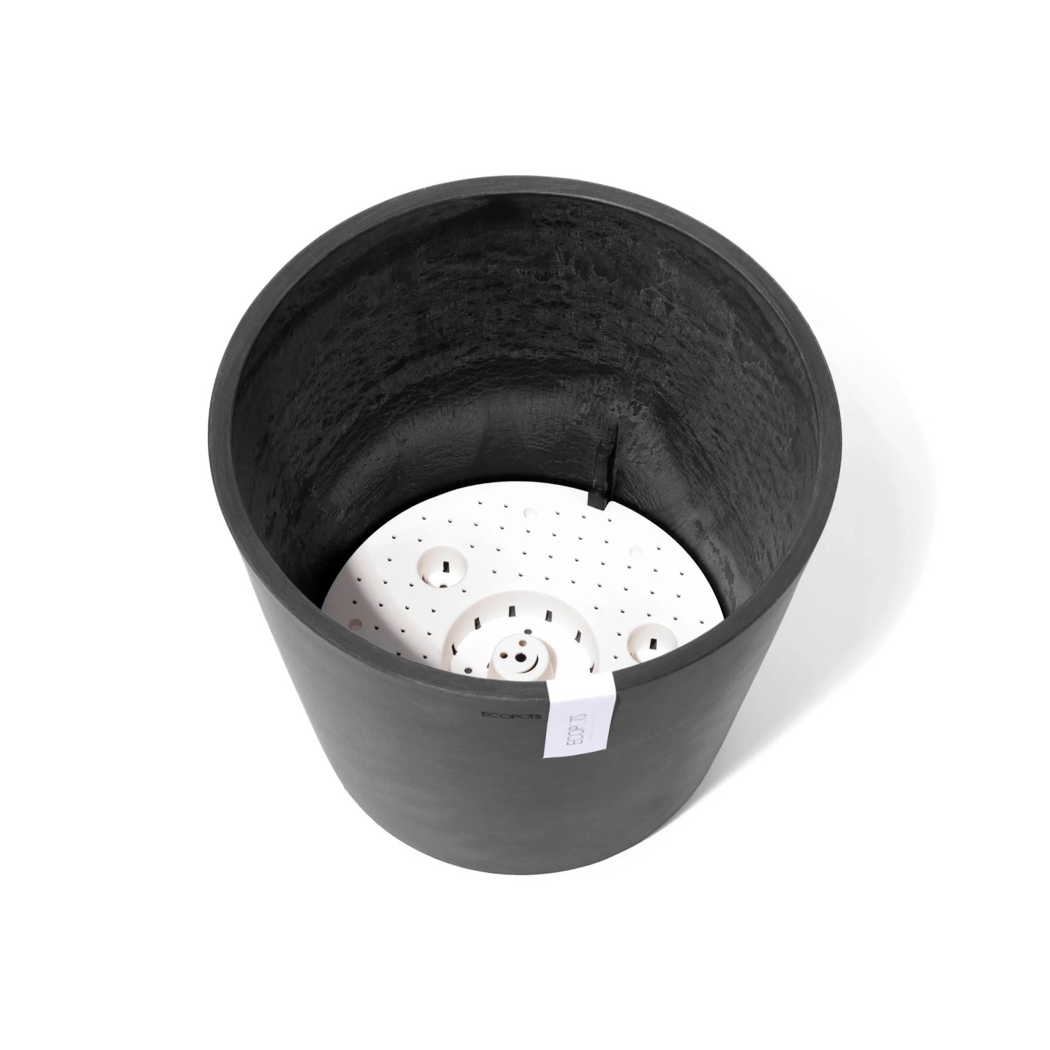 Dunkelgrauer Ecopots Amsterdam Pflanztopf 30 cm mit Bewässerungssystem.