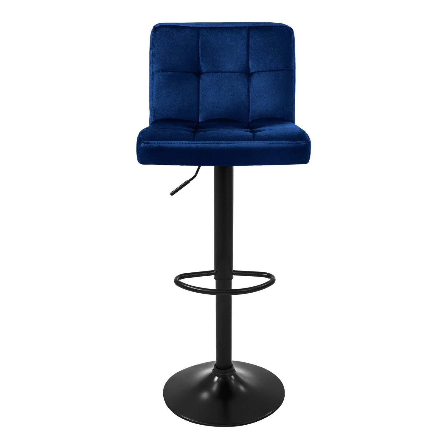 Blauer ML-Design Barhocker mit Samtbezug, gepolstert und drehbar.