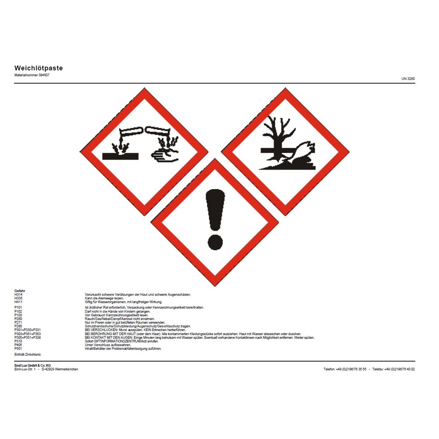 Gefahrzeichen für Weichlötpaste: Ätzend, umweltgefährlich, Achtung.