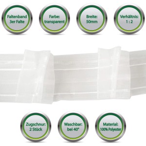 Bestgoodies Gardinenband, 3er Falte, 50mm breit, transparent, für individuelle Fenstergestaltung.