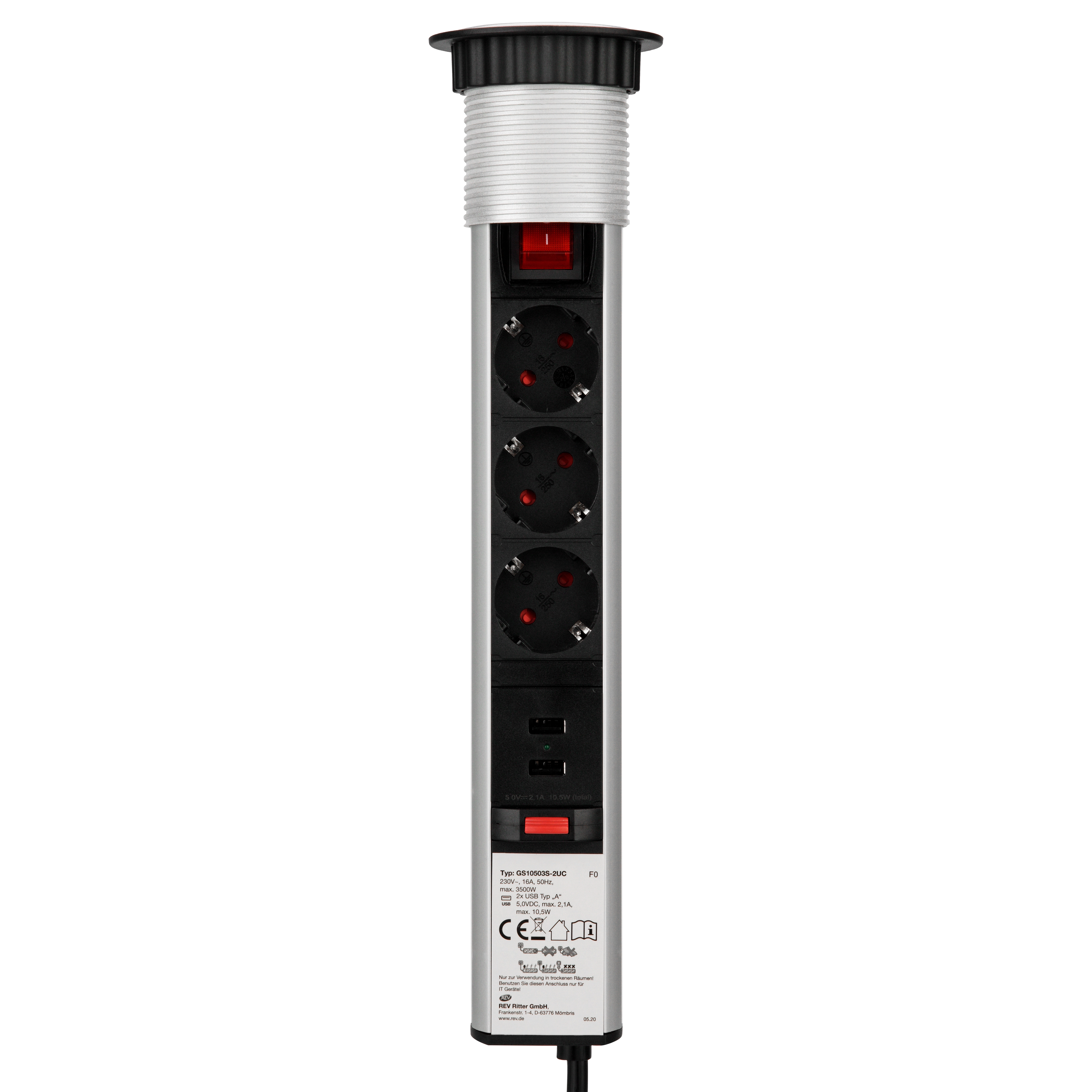REV Ritter Steckdosensäule USB & Schalter Versenkbar 3-fach 1,5 m