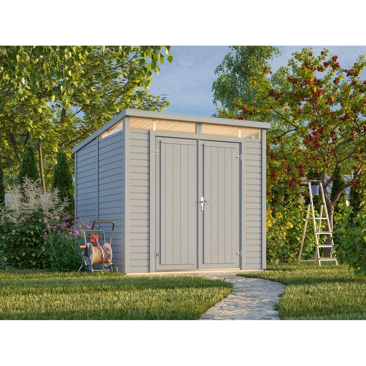 Palmako Holz-Gartenhaus Elias Pultdach Hellgrau Lackiert 221 cm x 228 cm 4,9 m²