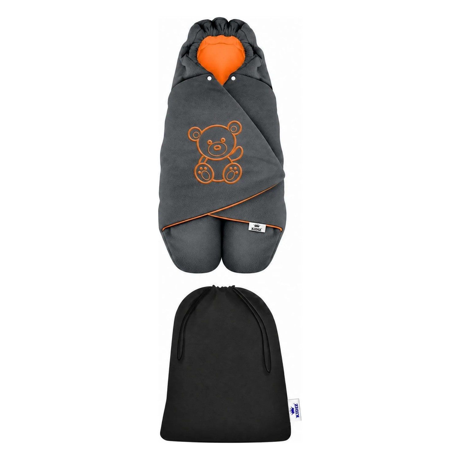 KIDIZ Baby Einschlagdecke mit Kapuze und Tasche Winter Fußsack Anthrazit Orange