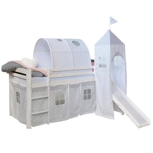 Homestyle4u Hochbett 90x200 mit Vorhang Lattenrost Rutsche Tunnel Turm in Weiß Sterne 1887