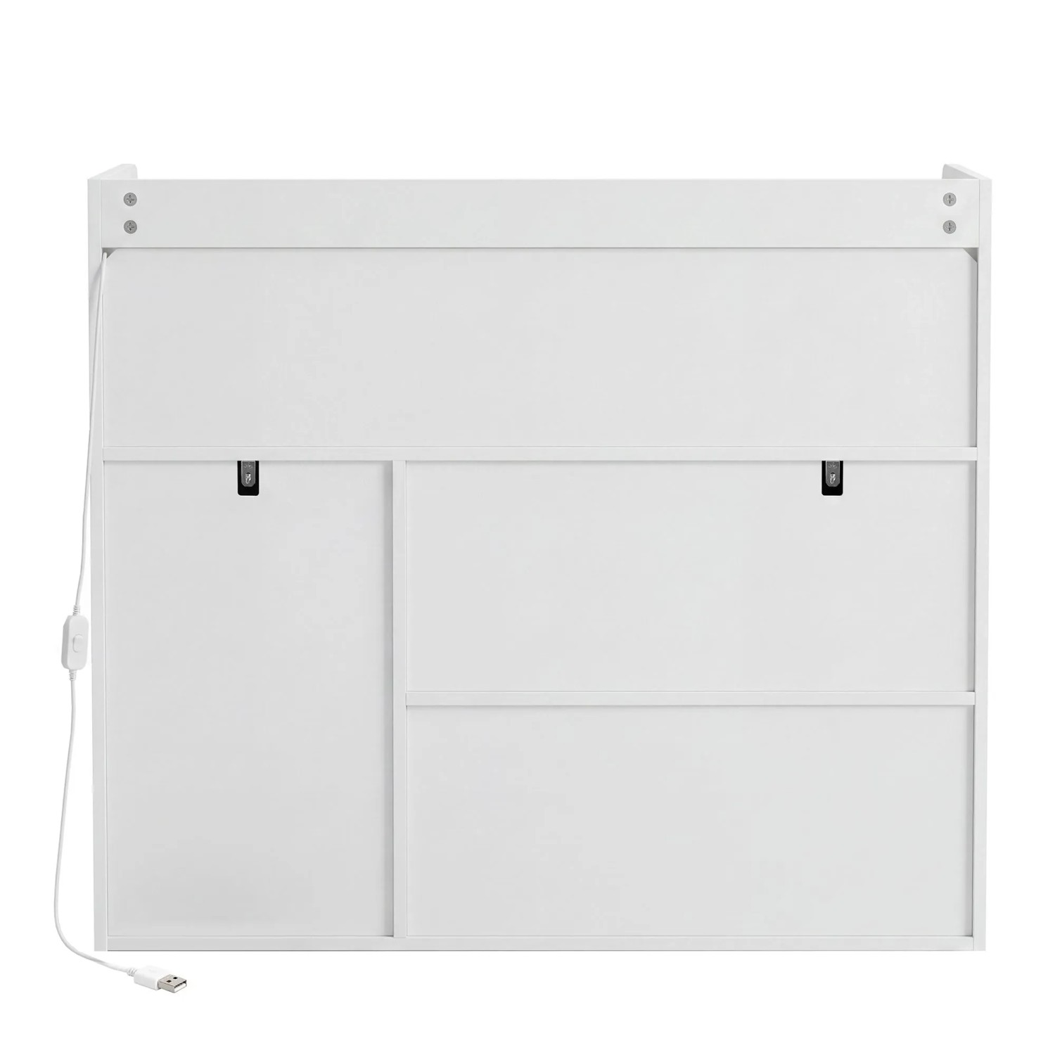 Rückseite des weißen Merax Sideboards mit LED-Kabel und USB-Anschluss. Zeigt Befestigungspunkte für den Wohnzimmerschrank.