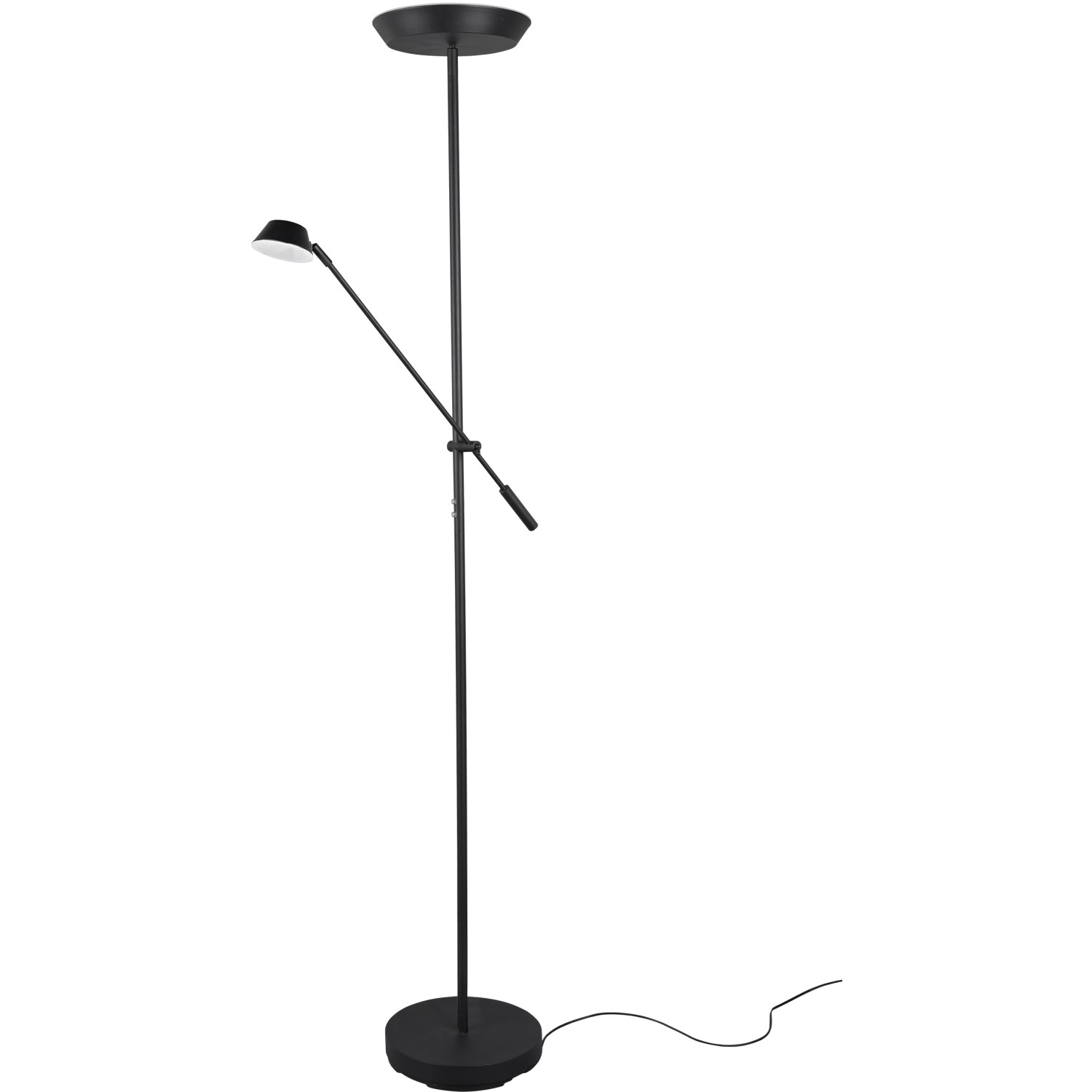 Schwarze LED-Stehleuchte Haora mit Touch-Dimmer und schwenkbarem Lesearm.