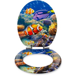 Sanfino WC-Sitz Nemo mit Absenkautomatik, Holz, blaues Korallenriff mit Fischen.