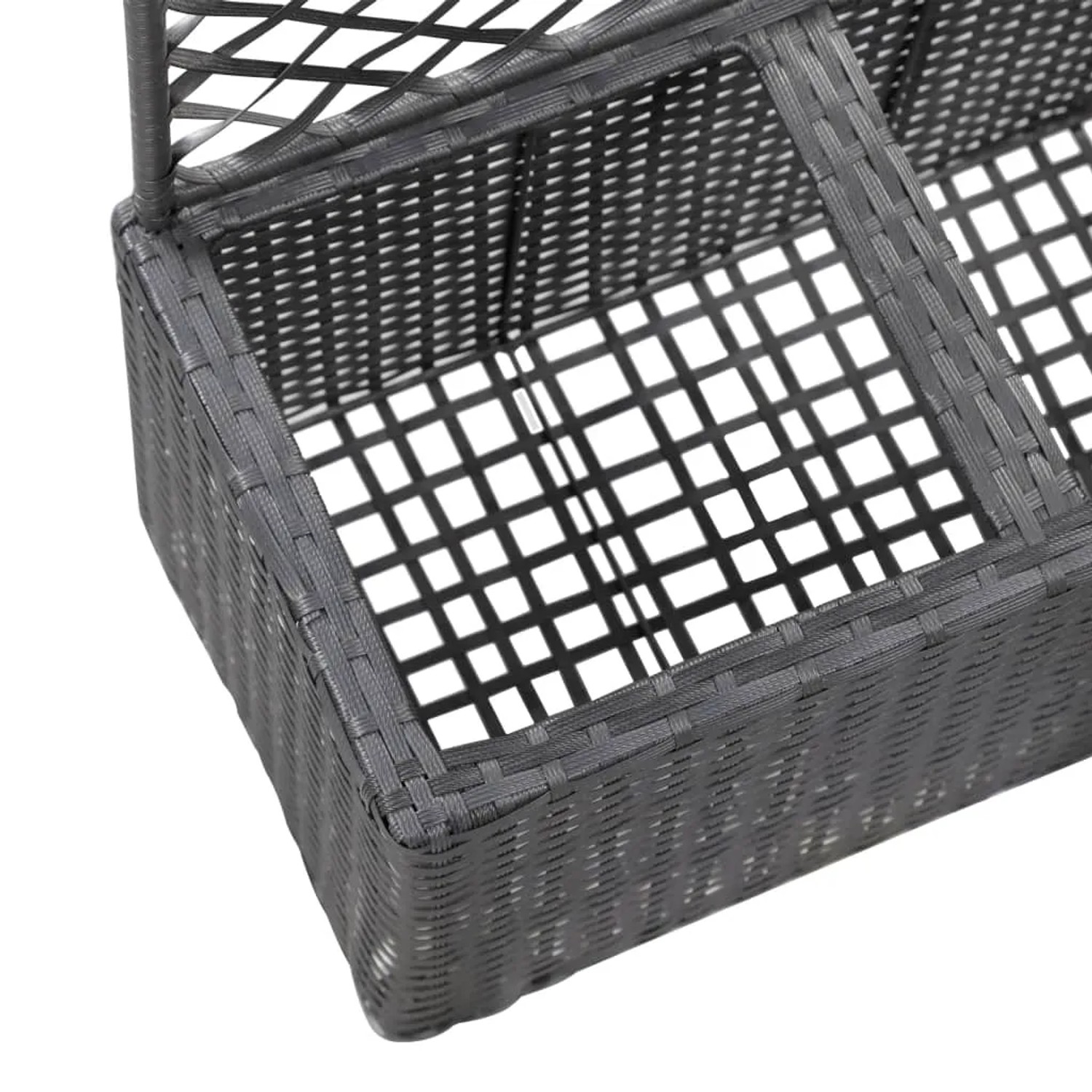 Detailansicht des schwarzen vidaXL Hochbeets mit Rankgitter und zwei Pflanztöpfen aus Polyrattan.