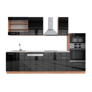 Moderne Küchenzeile Fame-Line in Anthrazit Hochglanz/Goldkraft Eiche, 300 cm breit, mit Hochschrank und Dunstabzugshaube.