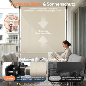 Sekey Klemmmarkise für Balkon mit Kurbel ohne Bohren Sonnenschutz UV-beständig Balkonmarkise 200 x 130 cm Beige