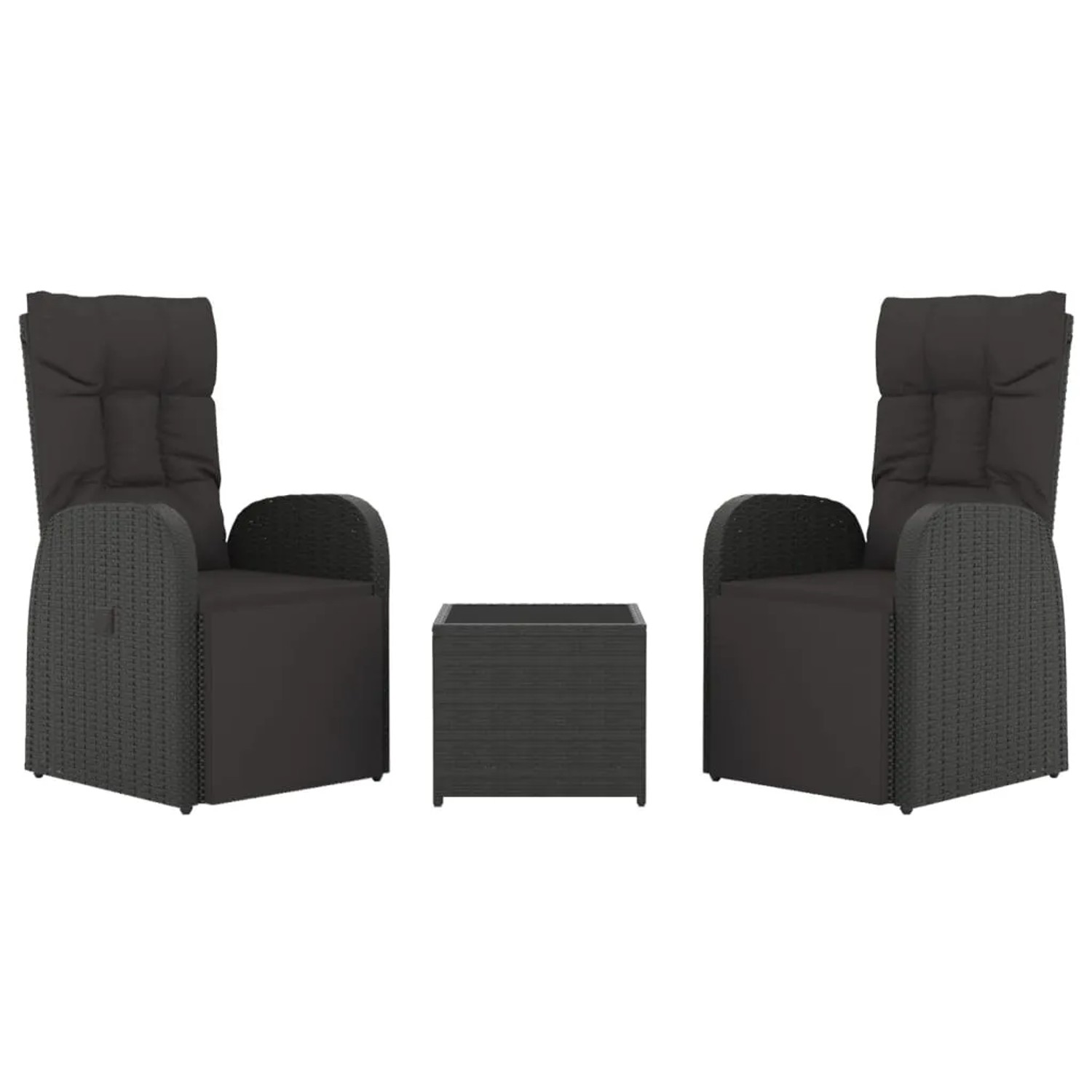 Schwarzes 3-tlg. Garten Lounge Set aus Rattan und Stahl mit Liegestühlen und Tisch.