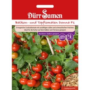 Dürr Samen Balkontomaten Donna F1: Saatgutpackung mit reifen, roten Tomaten an der Pflanze.