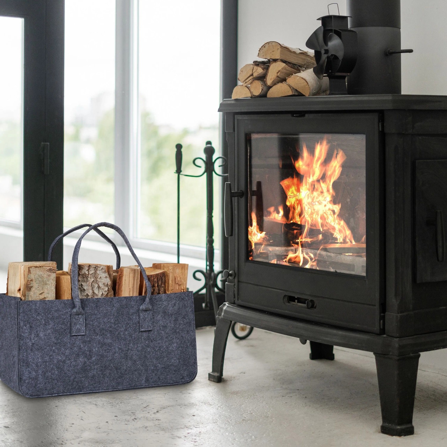 Relaxdays Kaminholztasche 2er Set Filz Dunkelgrau Mit Tragegriffen Faltbar 50 cm x 25 cm x 25 cm_2