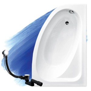 Weiße Acryl Eckbadewanne CORNEA 150x100 rechts, mit integriertem Ablauf und separatem Siphon-Set.