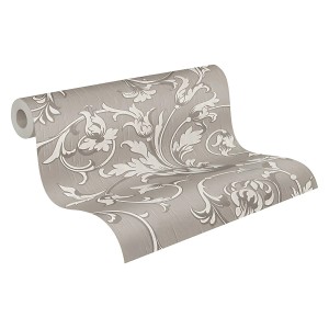 Rolle PROFHOME Textiltapete mit Blumenmuster, grau-beige, matte Optik.