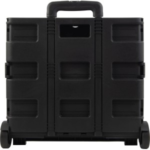 Zusammengeklappter, schwarzer Trolley aus Aluminium mit Griff und Rädern.