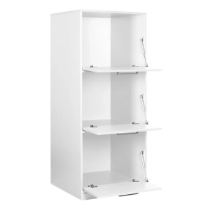 Weißer Wäscheschrank L-Studio mit 3 Gaslift-Klappen für Hauswirtschaftsraum. Melaminbeschichtete Oberfläche.