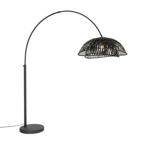 Schwarze, orientalische Bogenlampe Pua mit Bambusschirm für Innenräume.