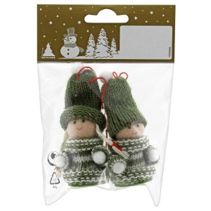 2 grüne Deko-Wichtel zum Hängen, 7,5 cm, aus Stoff und Strick, Weihnachtsdeko.