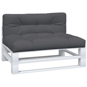 Anthrazit Palettenkissen-Set aus Stoff für Sitz und Rückenlehne auf weißem Palettensofa. Wasserabweisend, bequem.