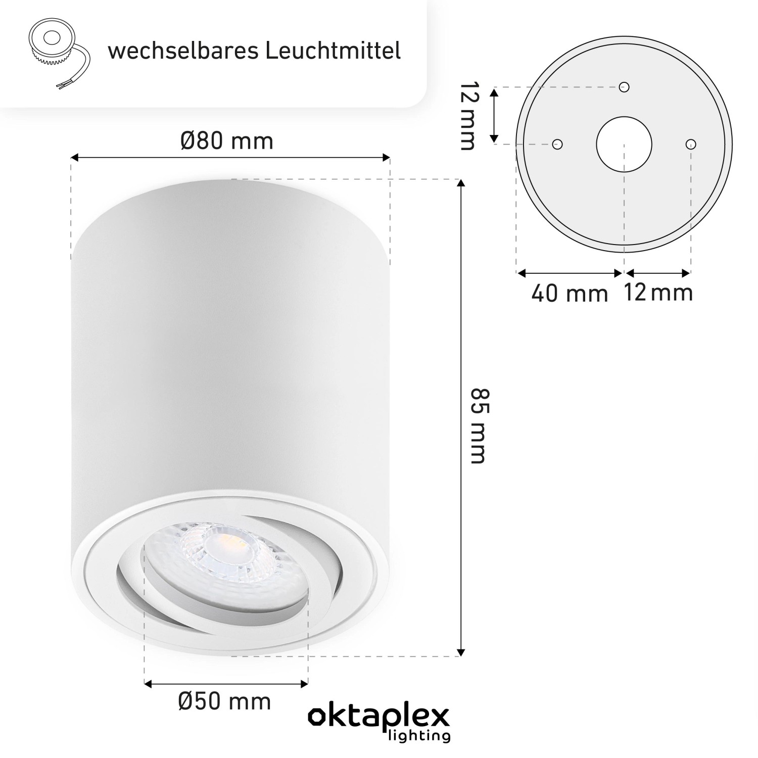 Oktaplex LED Deckenspot Lile M, 6er Set, Alu, schwenkbar, neutralweiß (4000K), weiß, Maße: Ø80x85mm.