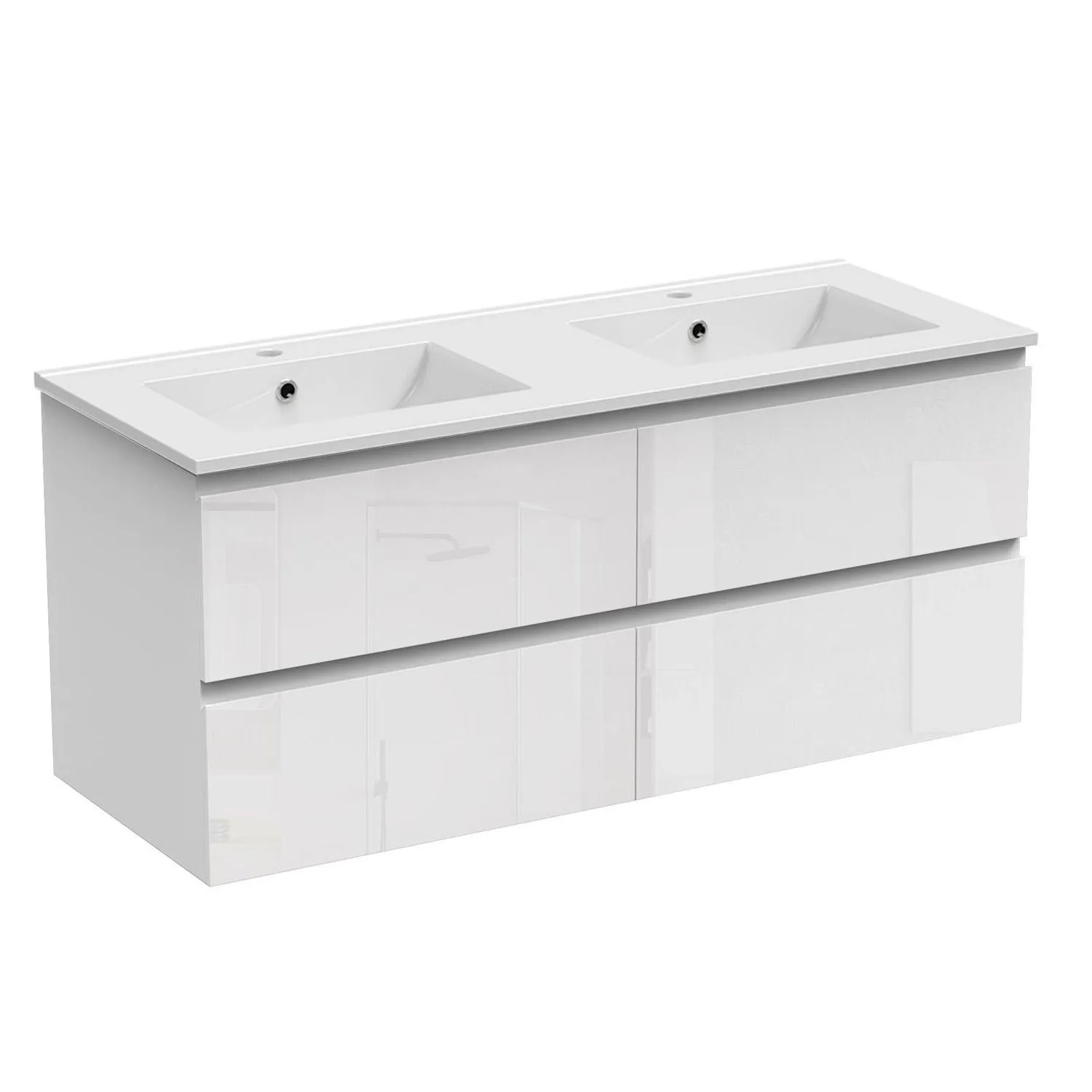AICA Badmöbel Aalst 120 cm Keramik Waschtisch mit Unterschrank Hochglänzend Weiß Grifflos Softclose Schubladen 2 tlg.