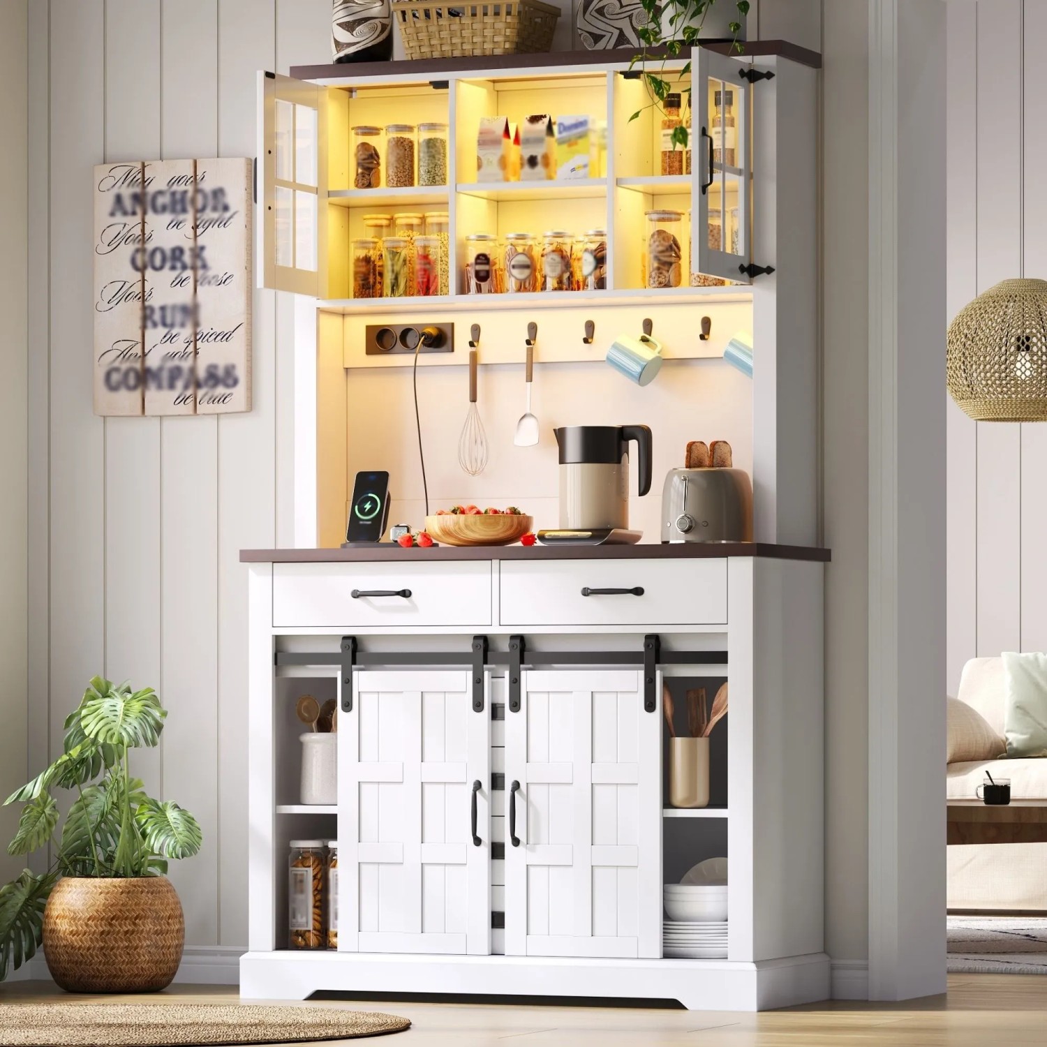 Merax Küchenschrank 180x108x40 cm Weiß LED Steckdose Arbeitsplatte 6 Schubladen_10