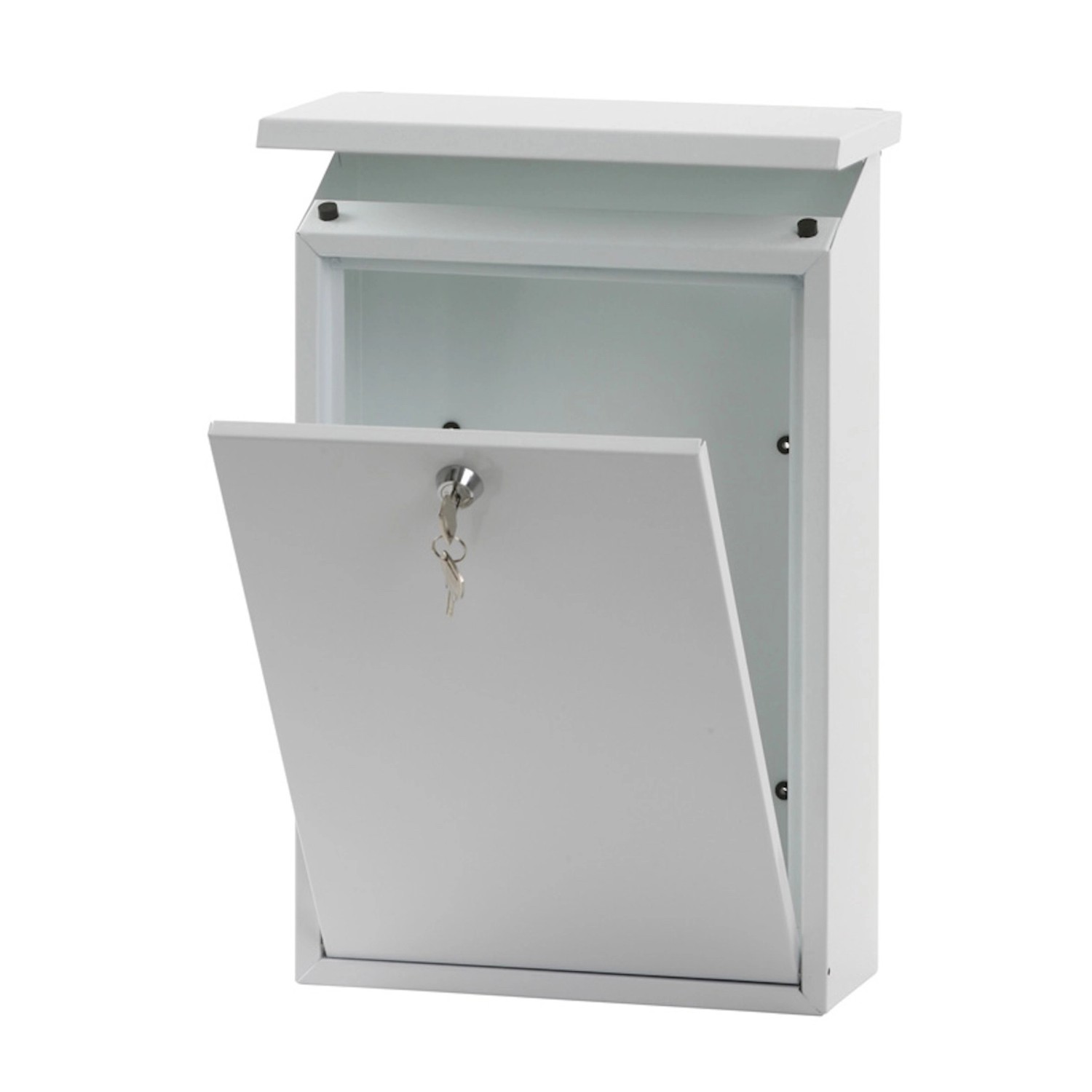 Weißer PROREGAL Wandbriefkasten Toledon mit geöffneter Tür und Schlüssel.
