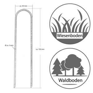 Verzinkter U-Erdanker (150x30mm, Ø3,2mm) für Garten & Camping. Geeignet für Wiesen- und Waldboden.