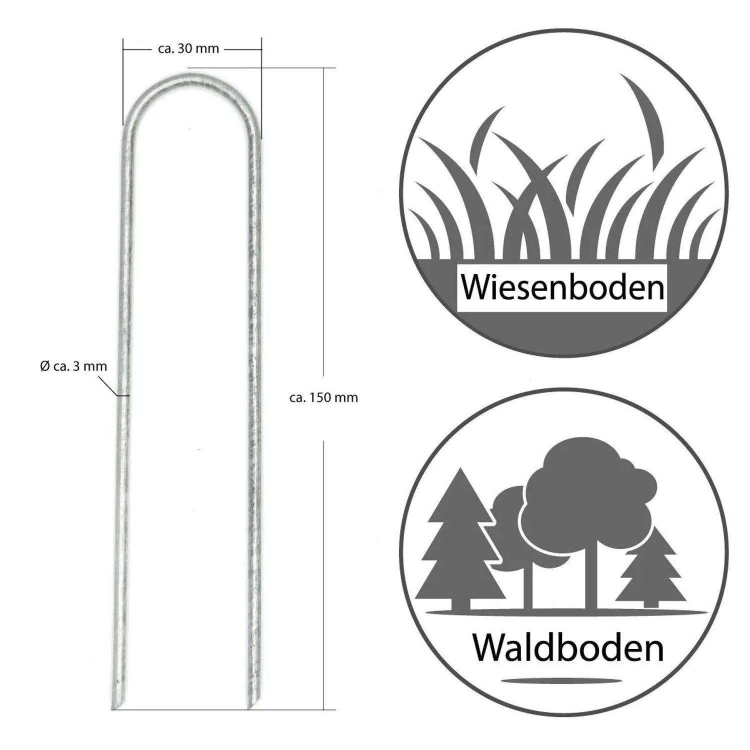 Verzinkter U-Erdanker (150x30mm, Ø3,2mm) für Garten & Camping. Geeignet für Wiesen- und Waldboden.