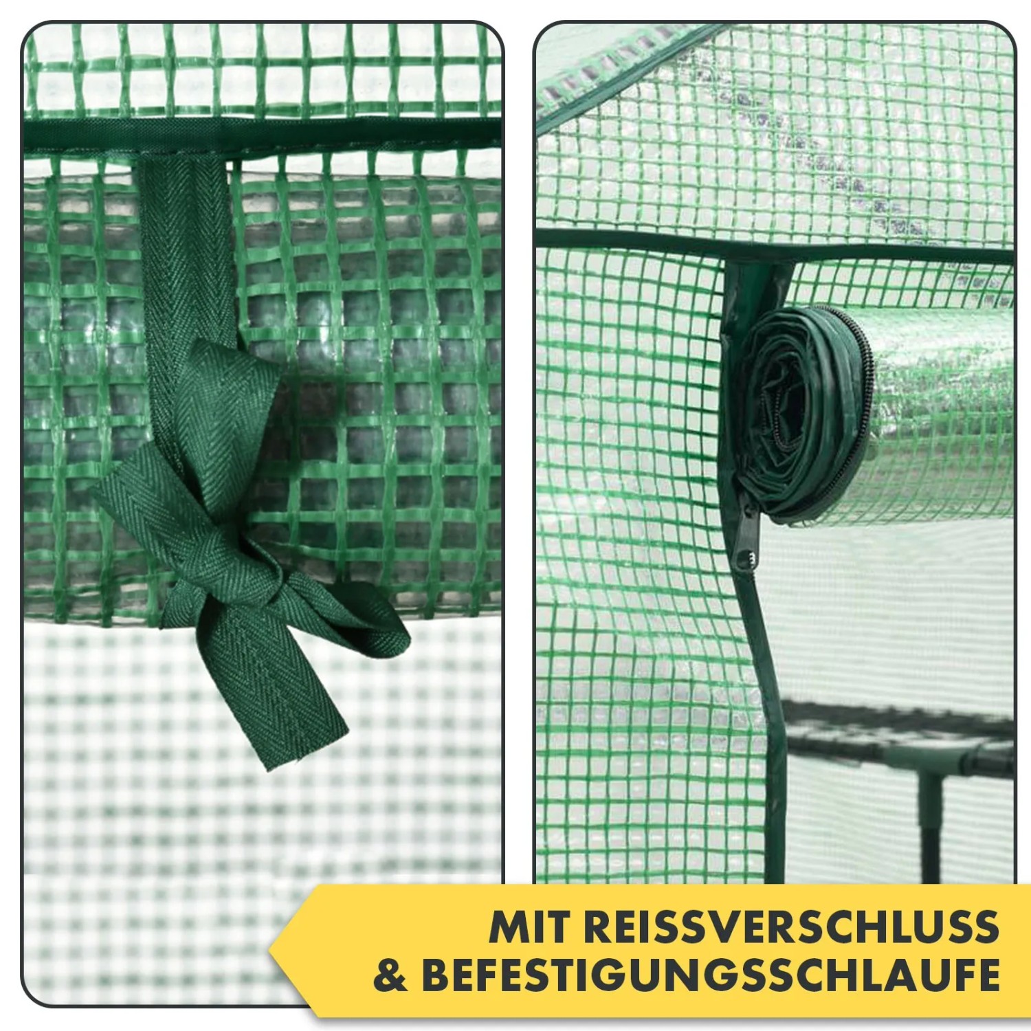 Detailaufnahme: Aufgerollte Tür mit Reißverschluss und Befestigungsschlaufe des KARAT Gewächshauses Bloom.