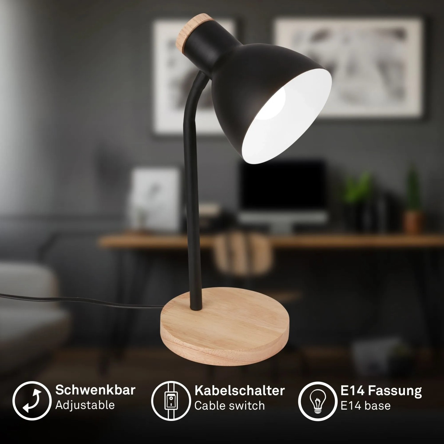 Moderne Brilo Tischleuchte Prep in Schwarz-Holzfarben, ideal als Schreibtischlampe.