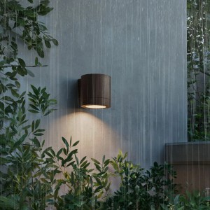 Philips Fylx Outdoor-Wandleuchte, braun, zylindrisch, an grauer Wand im Regen. Robustes Aluminium, beleuchtet Pflanzen.