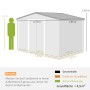 Outsunny Gartenhaus Stahl, hellgrau, mit Maßangaben zu Gesamt-, Grund- und Innenfläche.