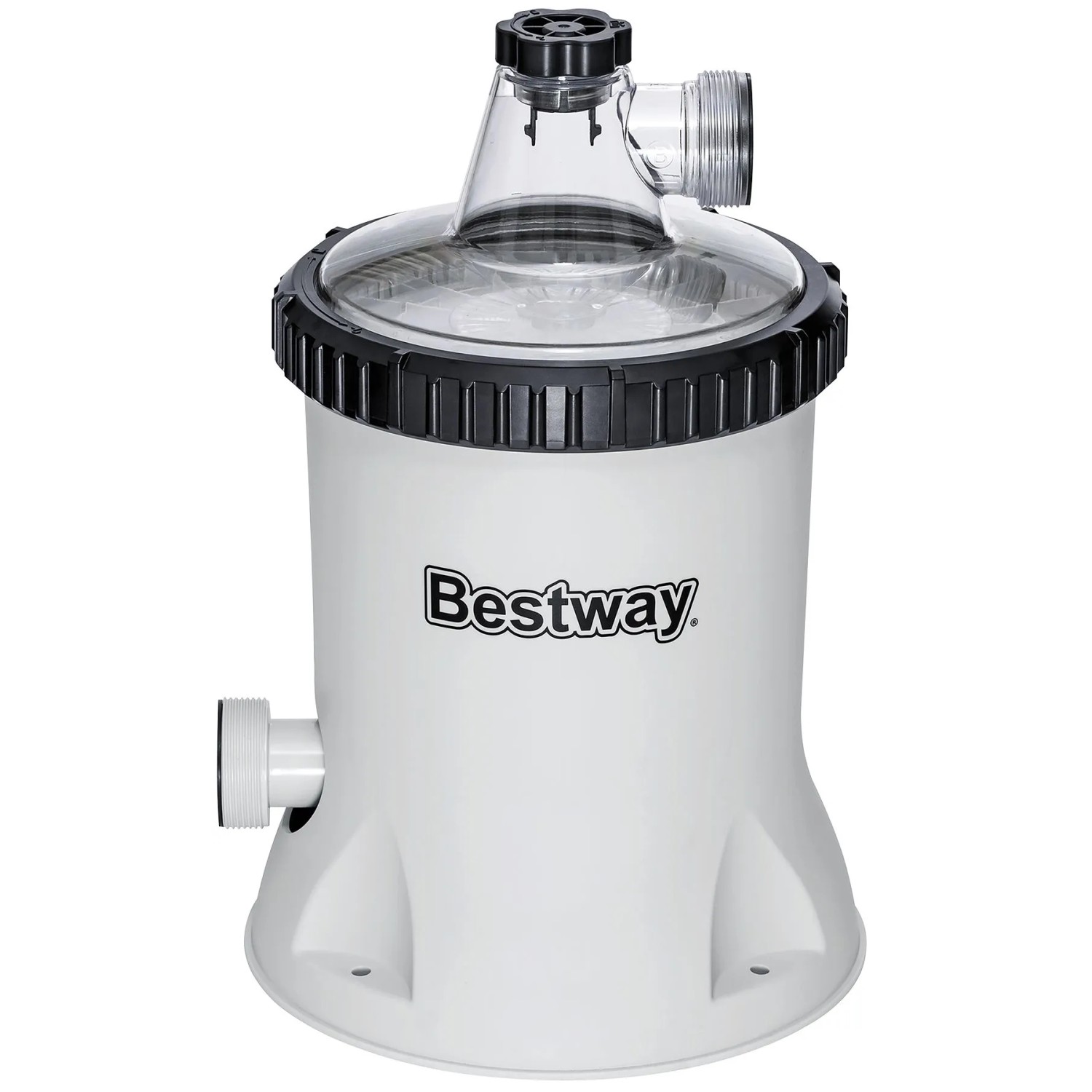 Bestway Polysphere Filterpumpe, weiß, mit transparentem Deckel und Anschlüssen. Für Pool Filtermedien.
