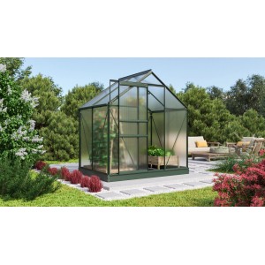 Vitavia Gewächshaus Comet 2500 Smaragd, 195x131cm, mit Schiebetür und Dachfenster im Garten.