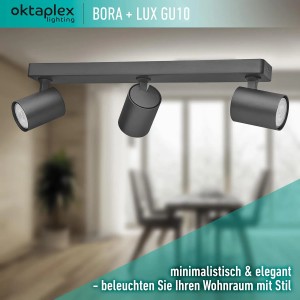 Schwarze Oktaplex Bora Spotbalken Deckenleuchte mit 3 schwenkbaren GU10 LED Strahlern.