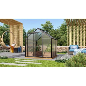 Vitavia Gewächshaus Venus 3800, schwarzer Rahmen, 3,8 m² mit Fundament im Garten.