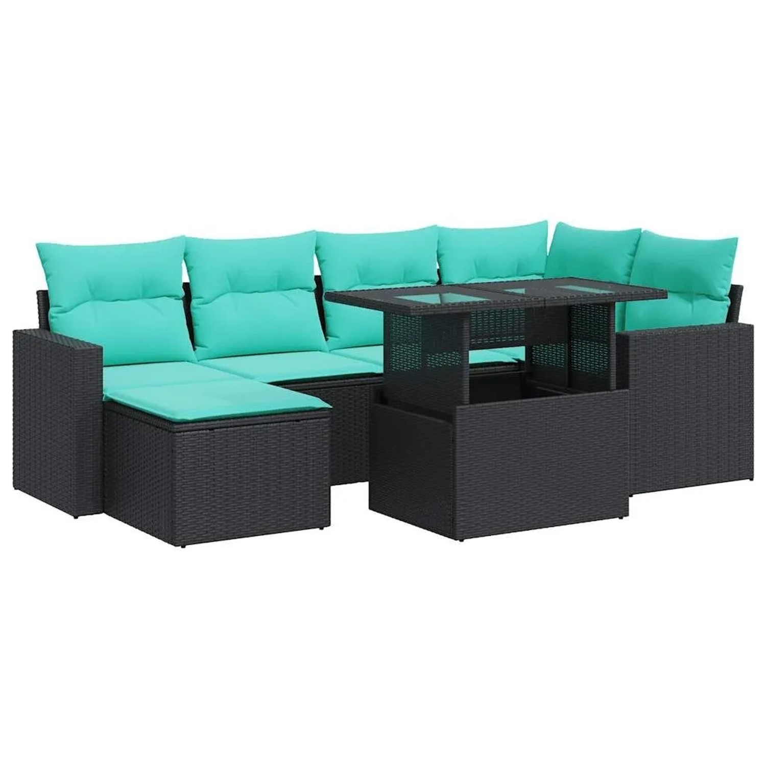 vidaXL 7 Tlg Garten-Sofagarnitur mit Kissen Schwarz Poly Rattan 3326348