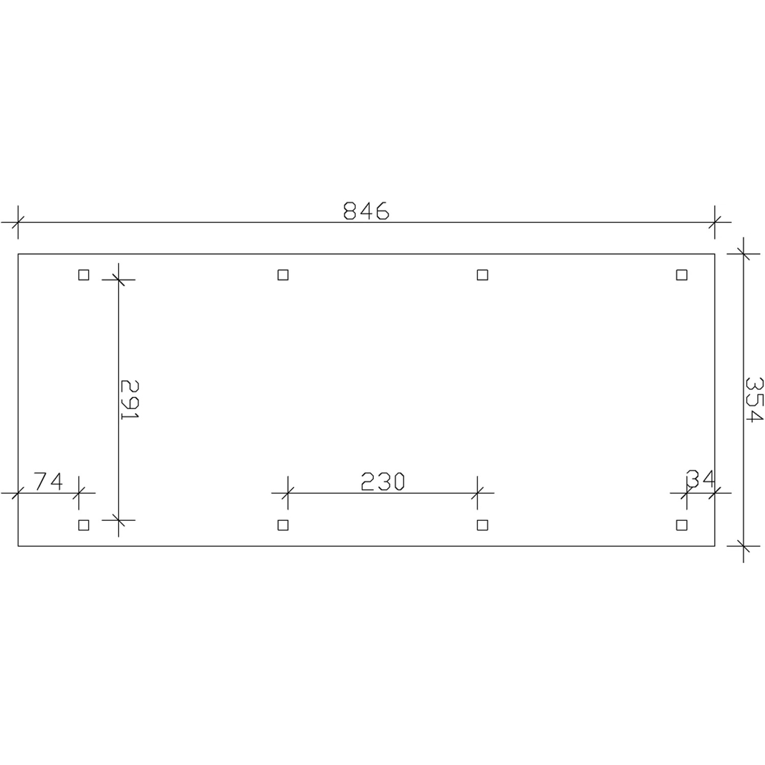 Skizze Einzelcarport Skan Holz Leimholz Eiche hell, Maße: 354x846cm, Pfostenpositionen.