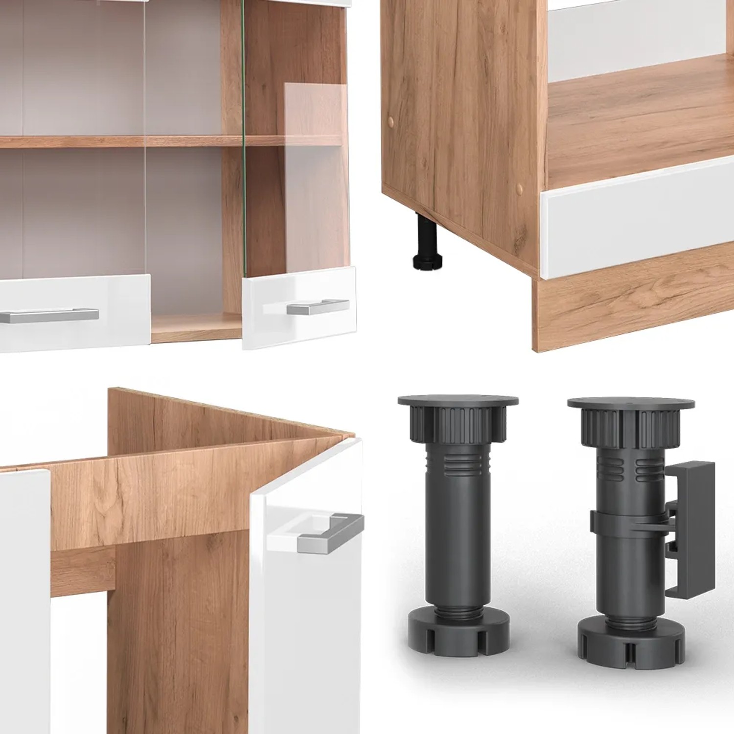 Detailansicht Vicco R-Line Eckküche in Weiß Hochglanz/Goldkraft Eiche mit Marmor Arbeitsplatte.