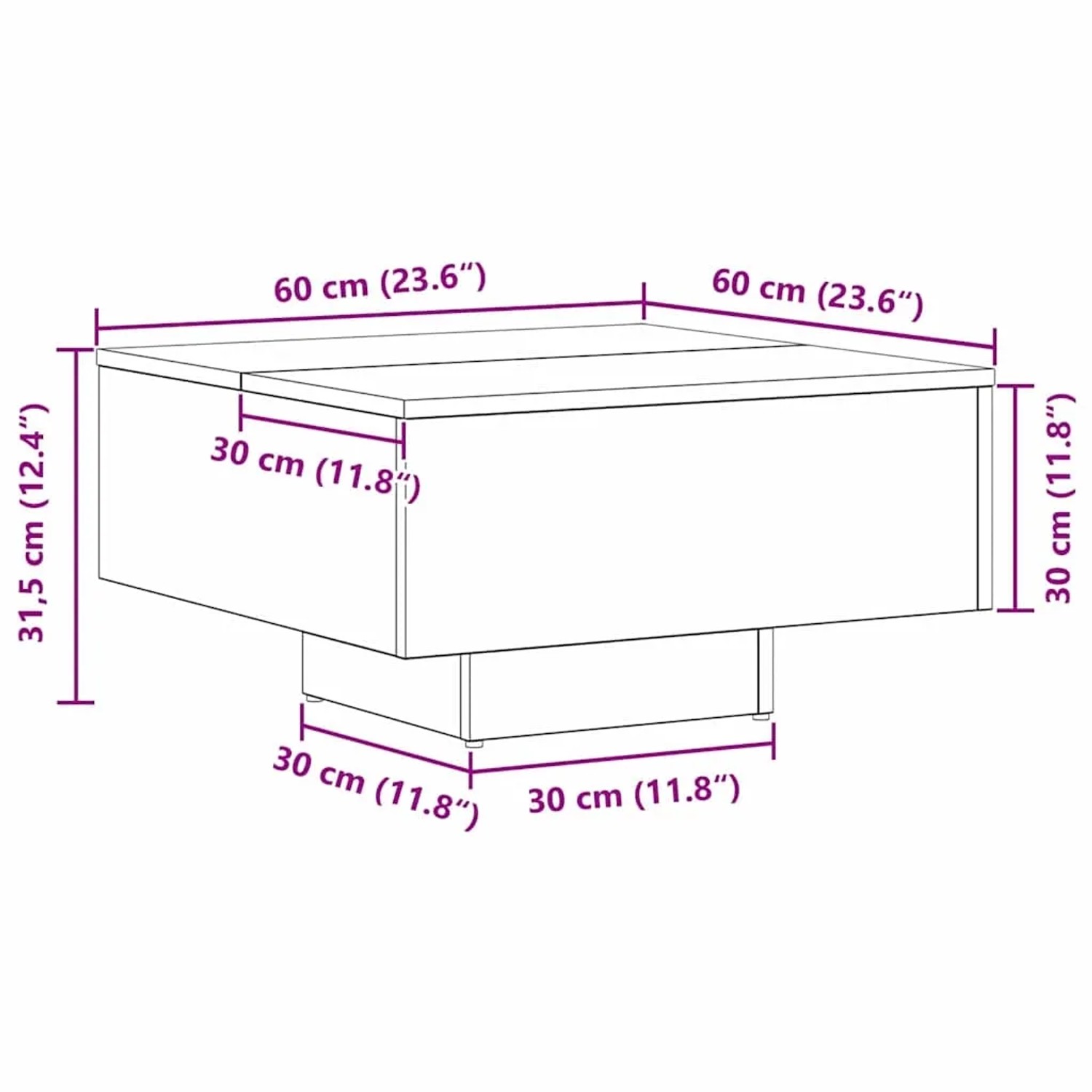 vidaXL Couchtisch Schwarz Eichen-Optik aus Holzwerkstoff. Quadratisch, mit Maßen 60x60x31,5 cm.