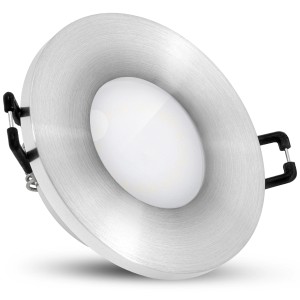 Flacher, gebürsteter LED Einbauspot BEDA in Silber, IP65, warmweißes Licht, geeignet für Bad und Außenbereich.