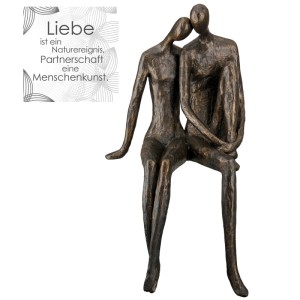 Bronzefarbene Kantensitzerfigur Couple aus Kunstharz, sitzendes Paar mit antikem Finish. Dekorative Skulptur für Regal.