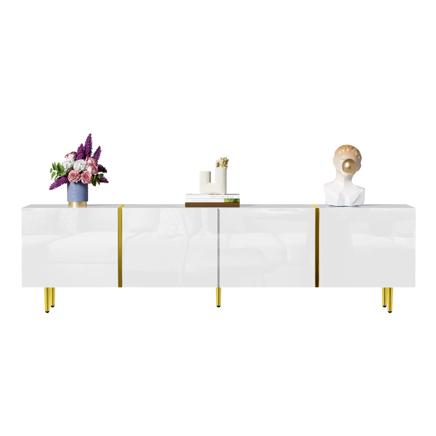 okwish TV Schrank mit 4 Türen und Hochglanz für Wohnzimmer 170x35x46cm Weiß Gold